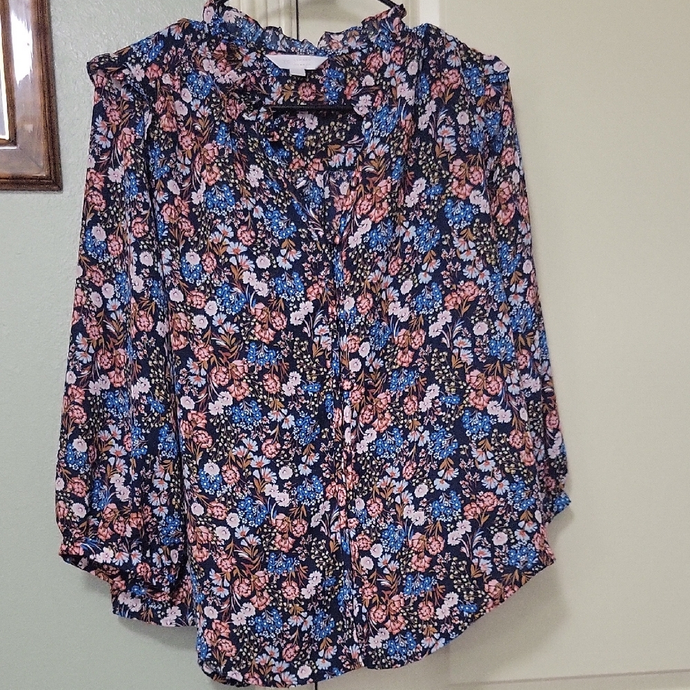 LC Lauren Conrad Navy Floral Blouse
